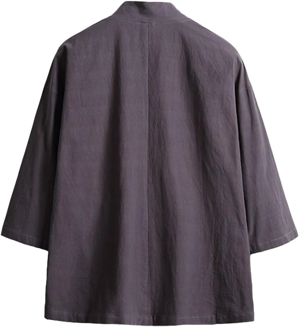 Men's Cotton Blends Linen Open Front Cardigan Embroidery Kimono Jackets