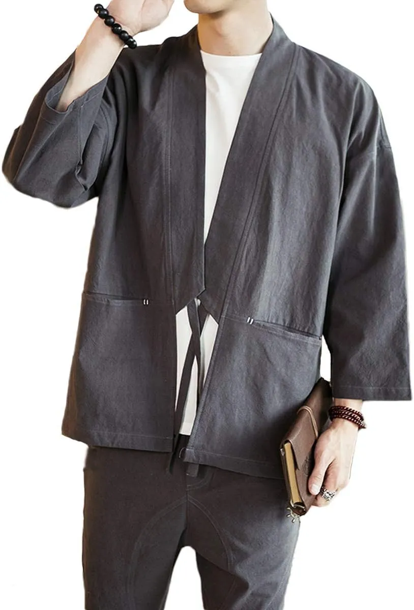Men's Cotton Blends Linen Open Front Cardigan Embroidery Kimono Jackets