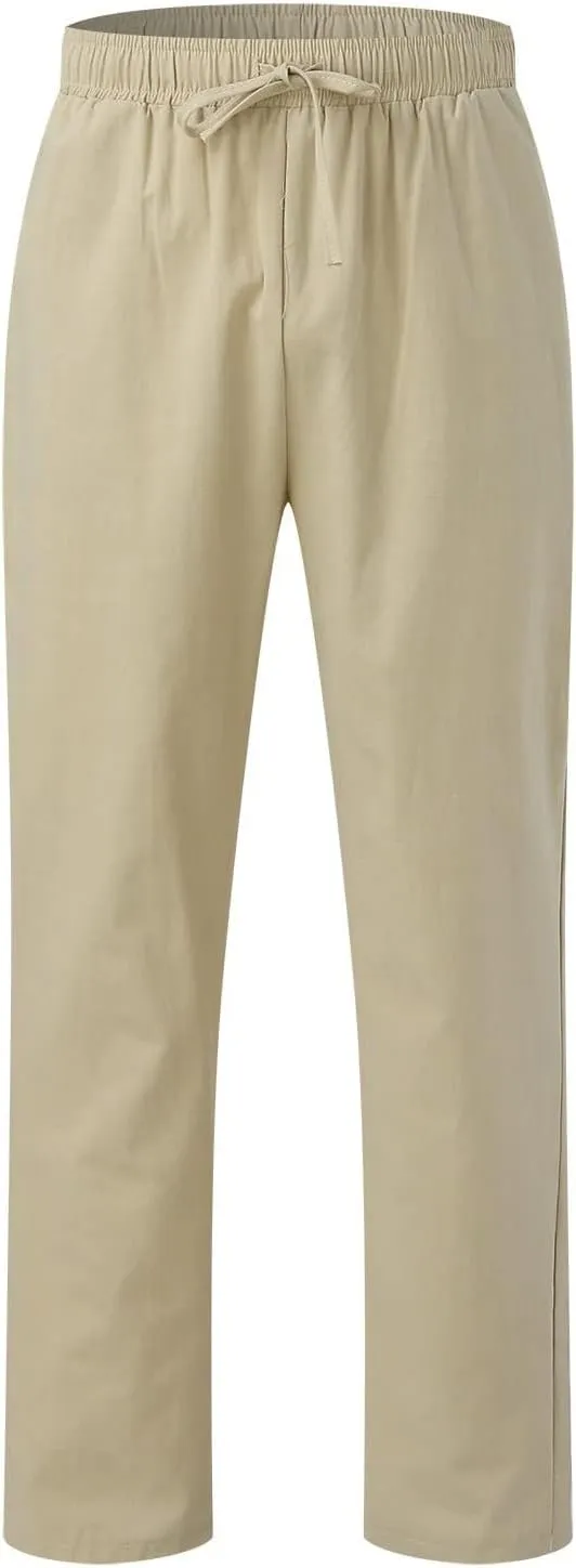 Men's Linen Pants Elastic Waist Drawstring Straight Leg Loose Fit Yoga Pants Lightweight Summer Beach Trousers with Pockets