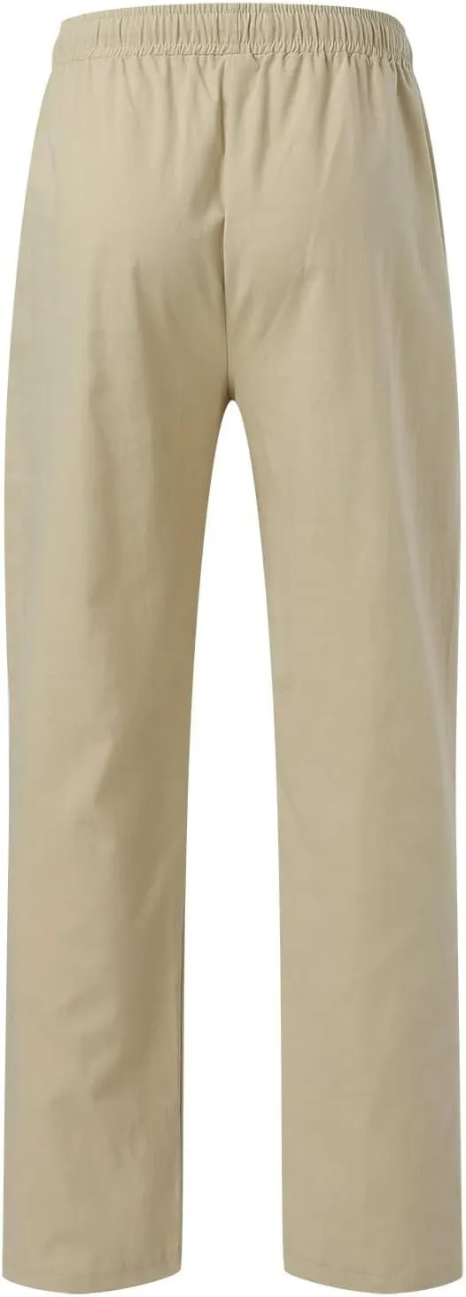 Men's Linen Pants Elastic Waist Drawstring Straight Leg Loose Fit Yoga Pants Lightweight Summer Beach Trousers with Pockets