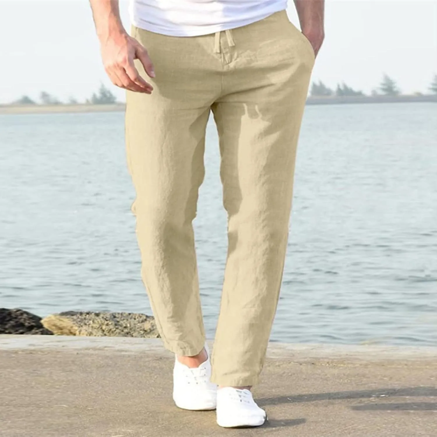 Men's Linen Pants Elastic Waist Drawstring Straight Leg Loose Fit Yoga Pants Lightweight Summer Beach Trousers with Pockets