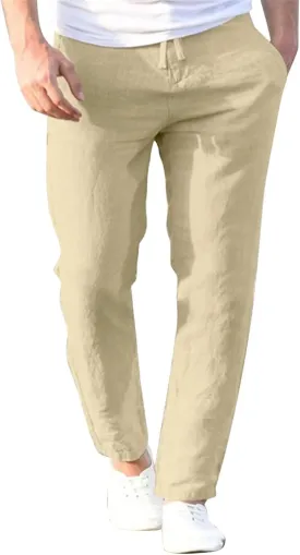 Men's Linen Pants Elastic Waist Drawstring Straight Leg Loose Fit Yoga Pants Lightweight Summer Beach Trousers with Pockets