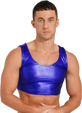 Mens Sexy Muscle Cropped Tank Tops Shiny Metallic Sleeveless Vest Party Clubwear Costume