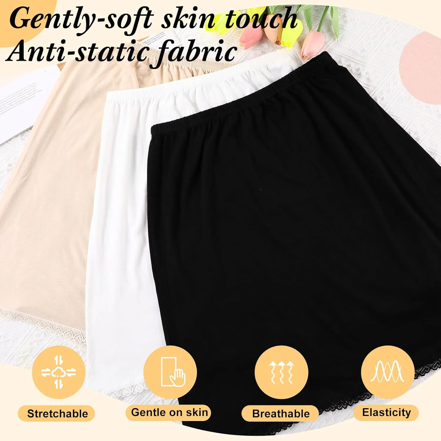 Mepase 3 Pieces Women Half Slip for Under Dresses Lace Skirt Short Trim Nude Black White Cotton Underskirt for Dresses