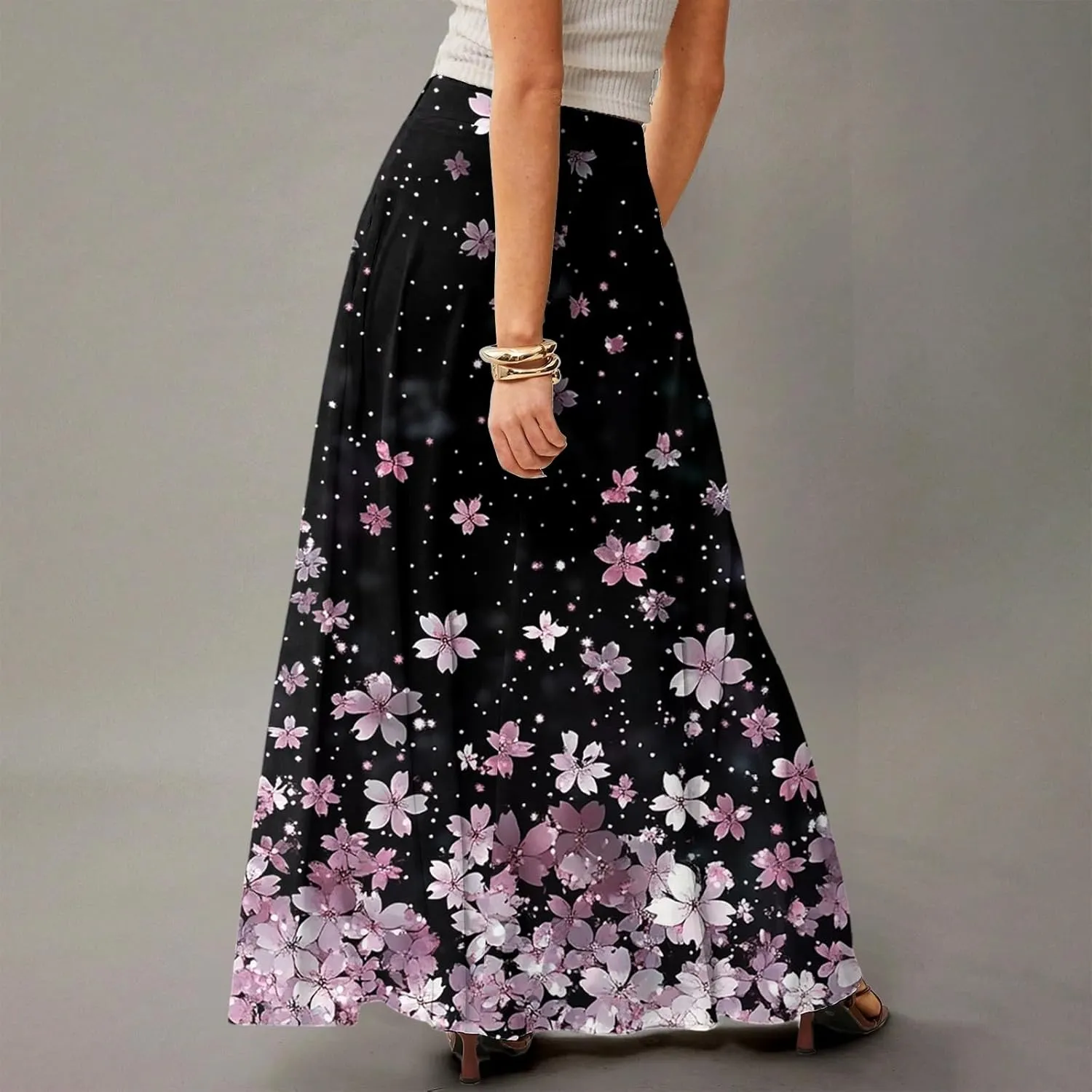 Midi Skirts for Women Summer High Waisted Pleated A-Line Swing Floral Long with Pockets