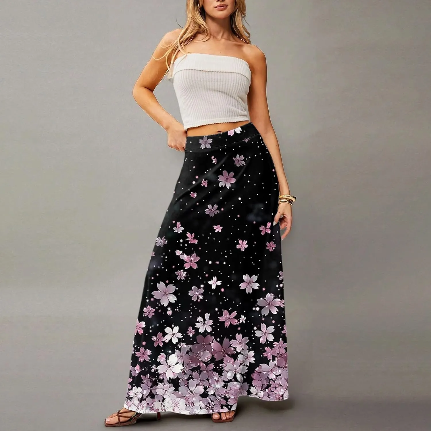 Midi Skirts for Women Summer High Waisted Pleated A-Line Swing Floral Long with Pockets