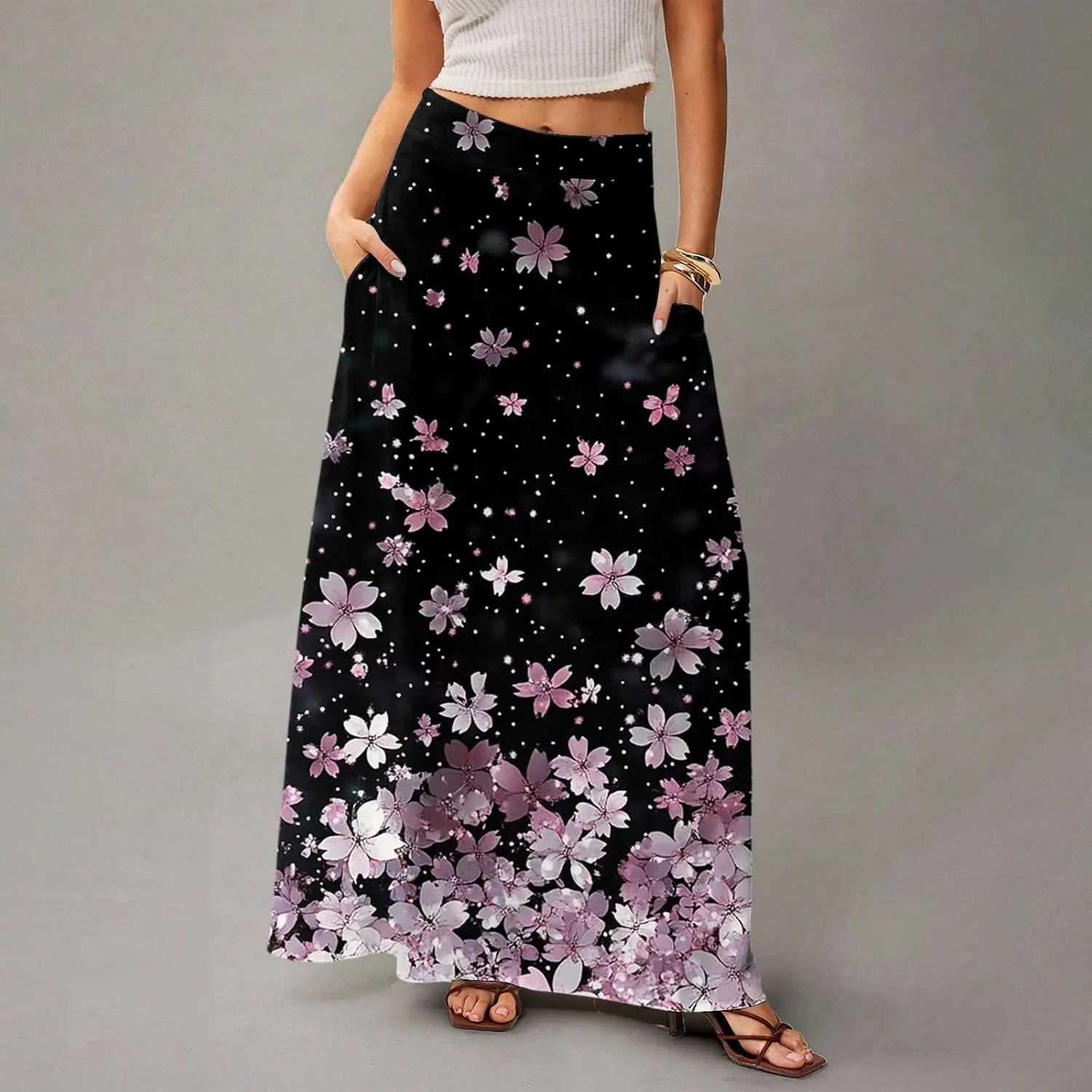 Midi Skirts for Women Summer High Waisted Pleated A-Line Swing Floral Long with Pockets