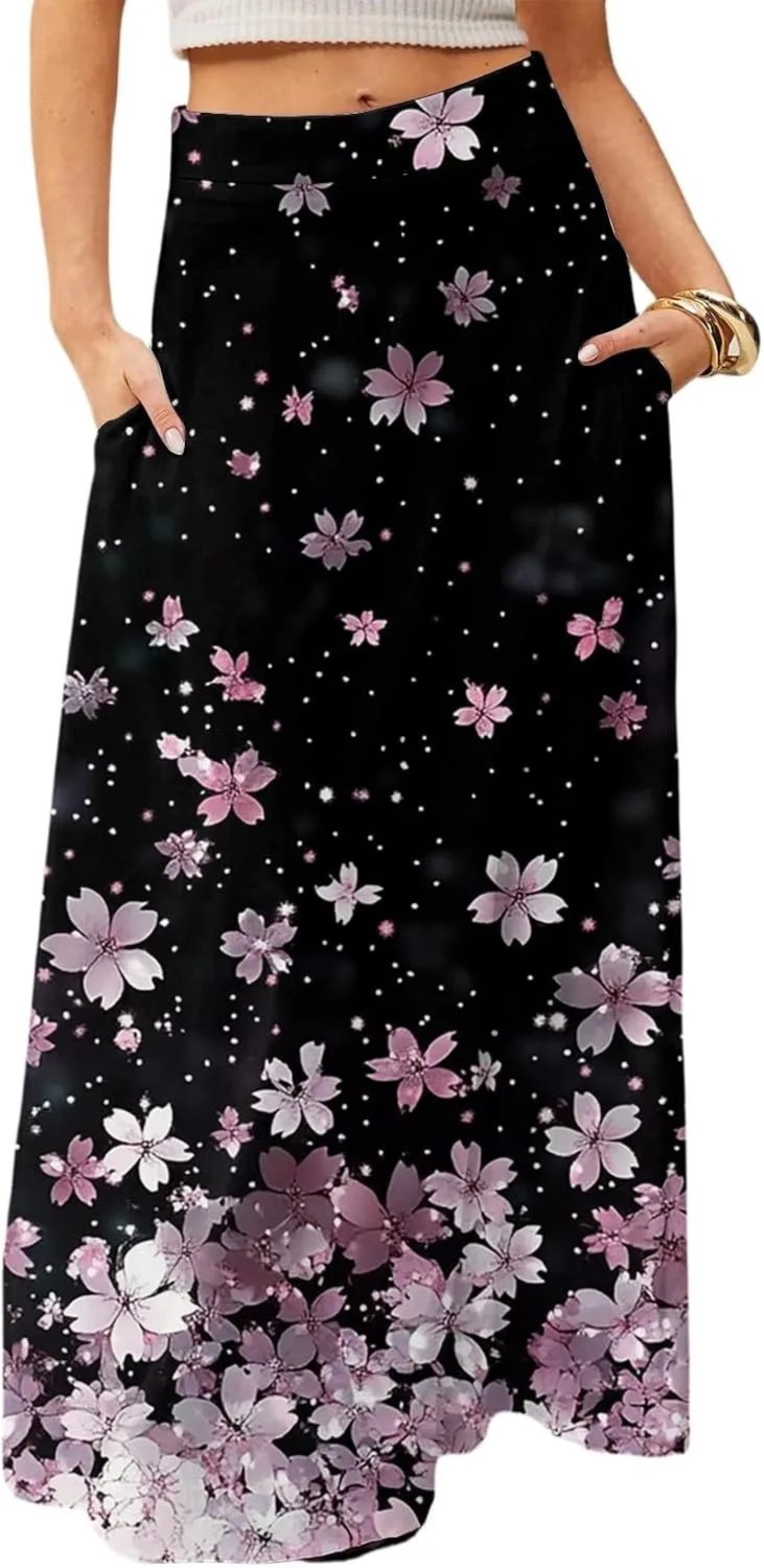 Midi Skirts for Women Summer High Waisted Pleated A-Line Swing Floral Long with Pockets