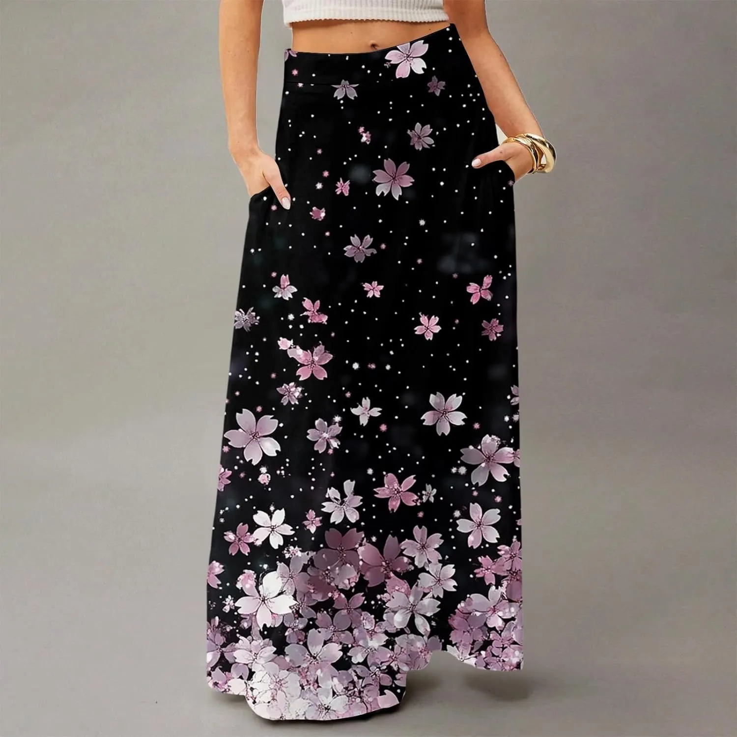 Midi Skirts for Women Summer High Waisted Pleated A-Line Swing Floral Long with Pockets
