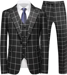 MOGU Mens 3 Piece Slim Fit Plaid Suit Blazer Jacket Vest Pants