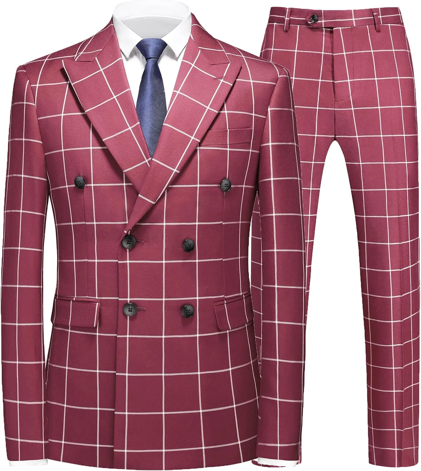MOGU Mens 3 Piece Slim Fit Plaid Suit Blazer Jacket Vest Pants