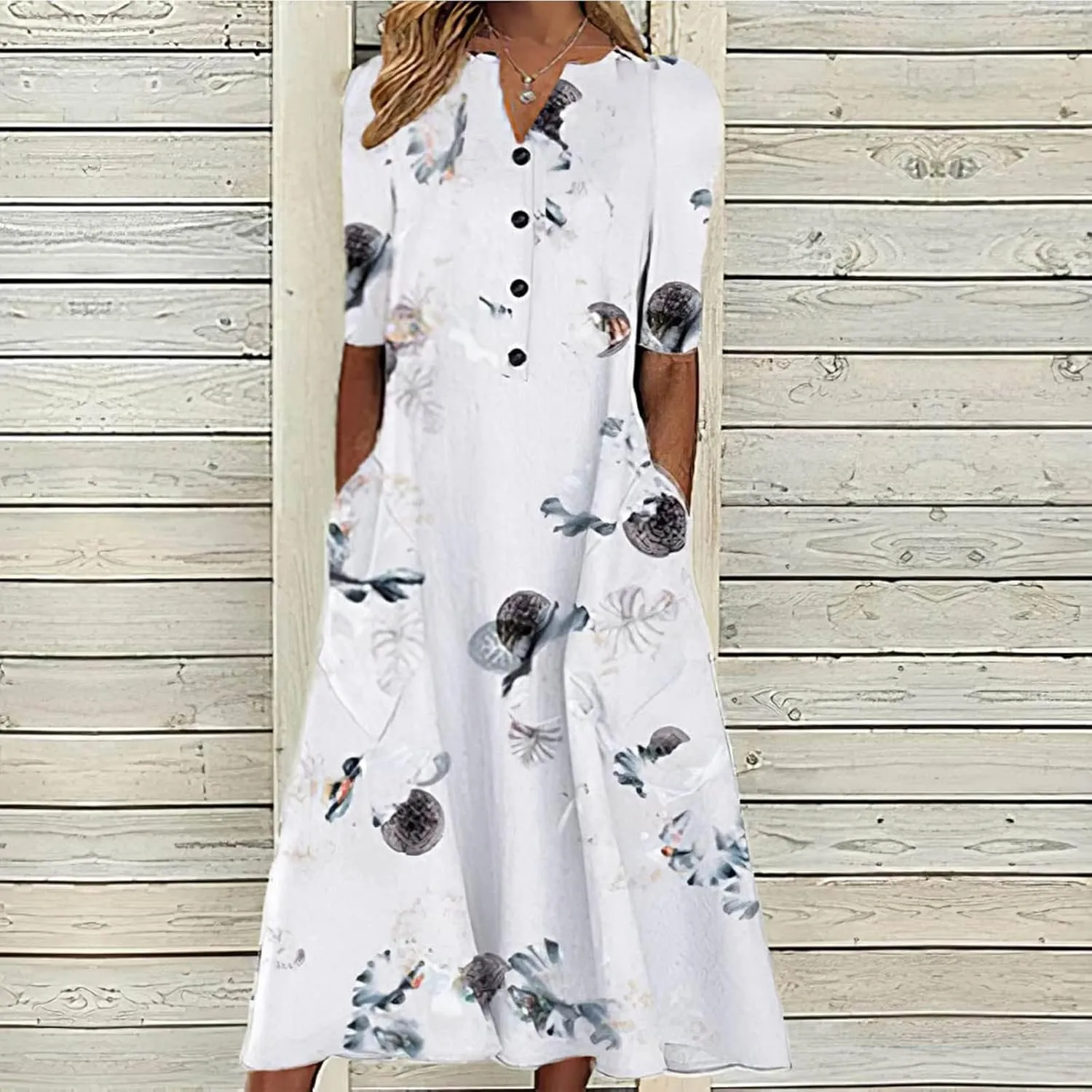 NaRHbrg Womens Summer Dress Casual Floral Print Midi Dress Button V Neck Short Sleeve Dresses Flowy Boho Beach Party Sundress