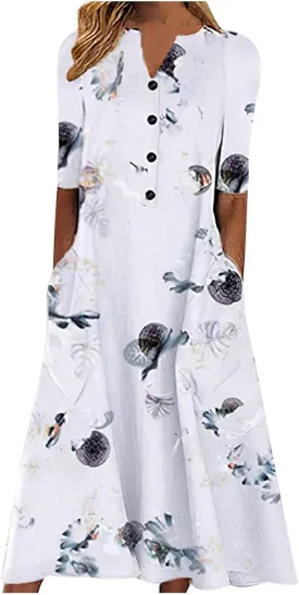 NaRHbrg Womens Summer Dress Casual Floral Print Midi Dress Button V Neck Short Sleeve Dresses Flowy Boho Beach Party Sundress