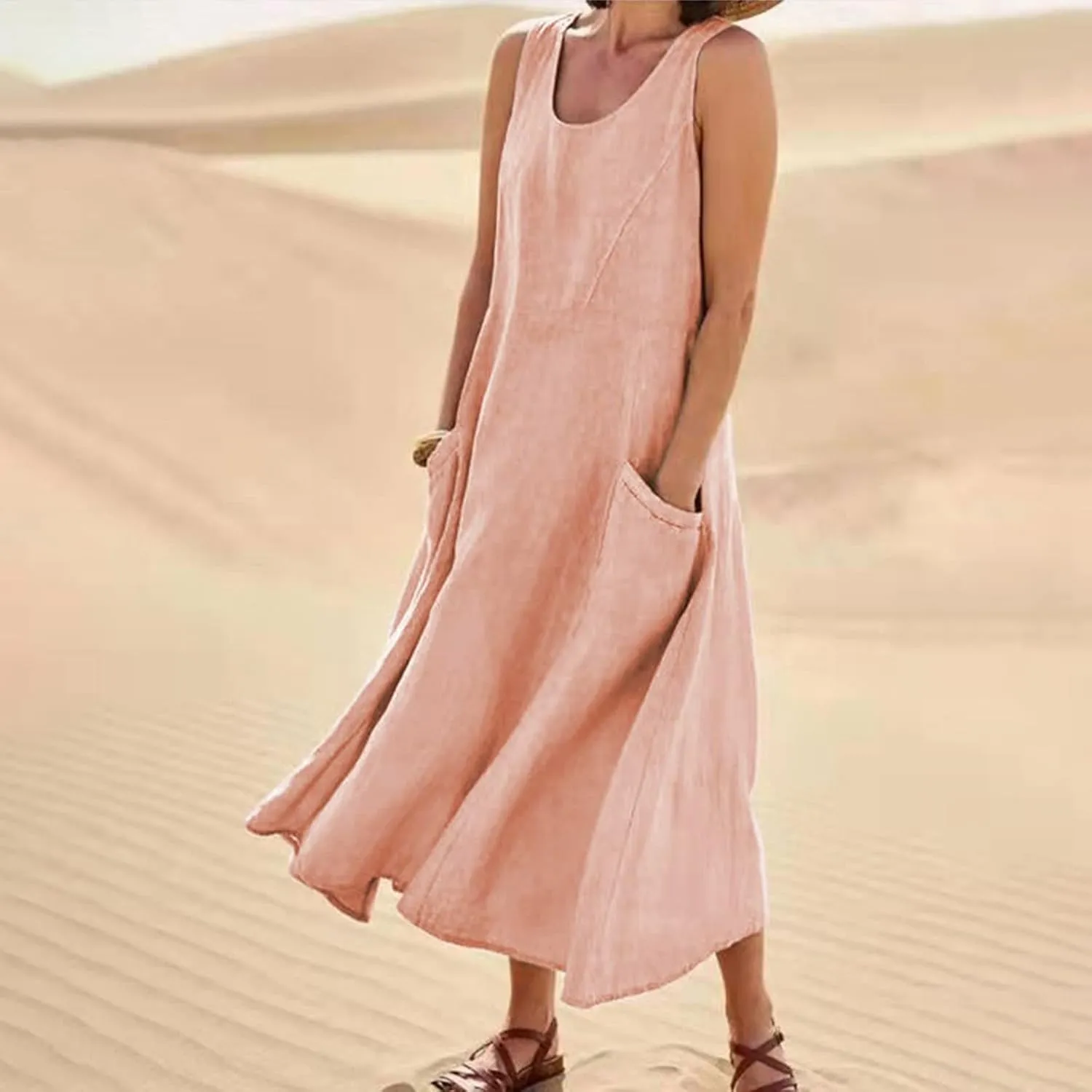 Plus Size Summer Dresses for Women 2025, Sleeveless Casual Cotten Linen Maxi Dress Hawaii Tropical Beach Tank Dress