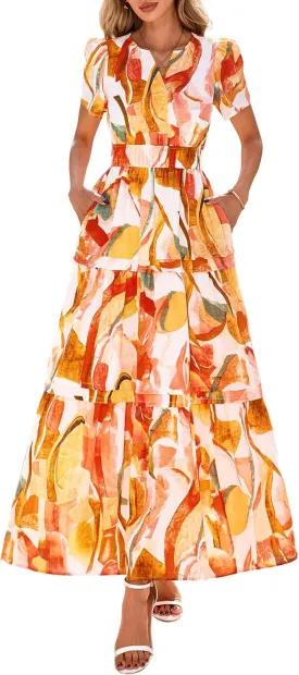 PRETTYGARDEN Women's 2025 Summer Boho Maxi Dresses Floral Short Sleeve V Neck A Line Tiered Flowy Long Beach Vacation Dress