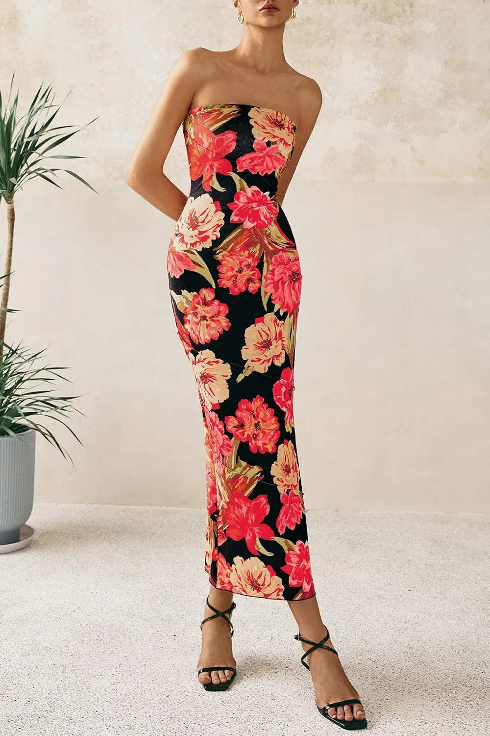 PRETTYGARDEN Women's 2025 Summer Floral Bodycon Maxi Dresses Ribbed Strapless Tube Casual Boho Party Long Dress