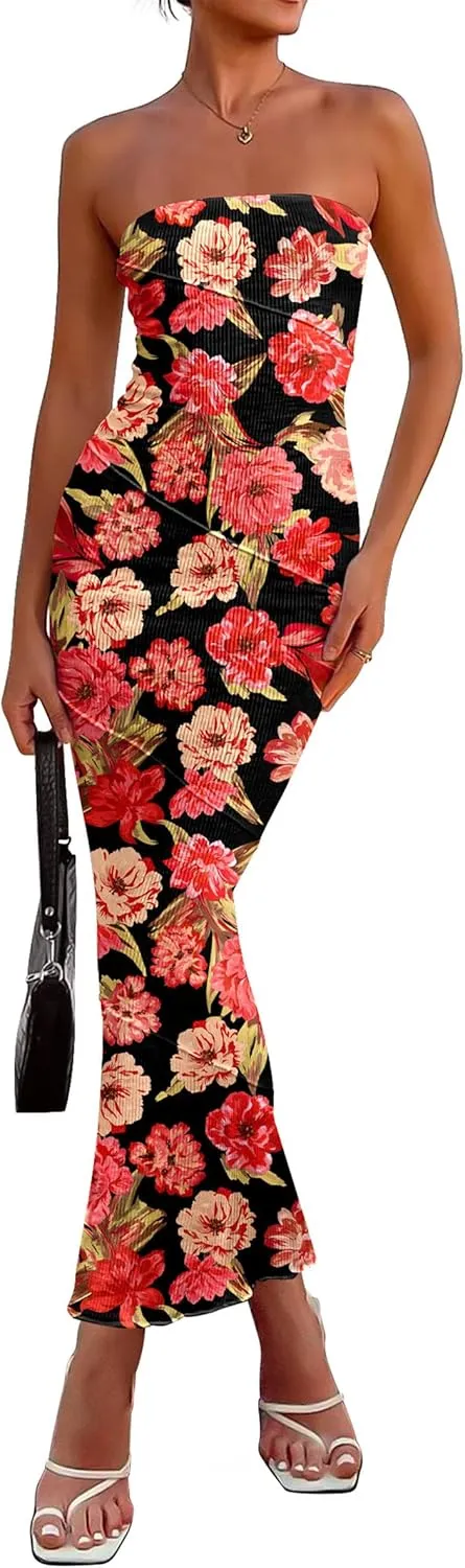 PRETTYGARDEN Women's 2025 Summer Floral Bodycon Maxi Dresses Ribbed Strapless Tube Casual Boho Party Long Dress