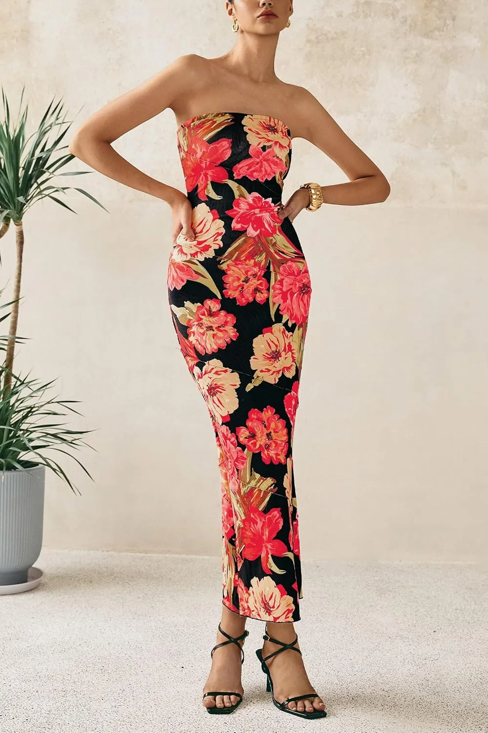 PRETTYGARDEN Women's 2025 Summer Floral Bodycon Maxi Dresses Ribbed Strapless Tube Casual Boho Party Long Dress