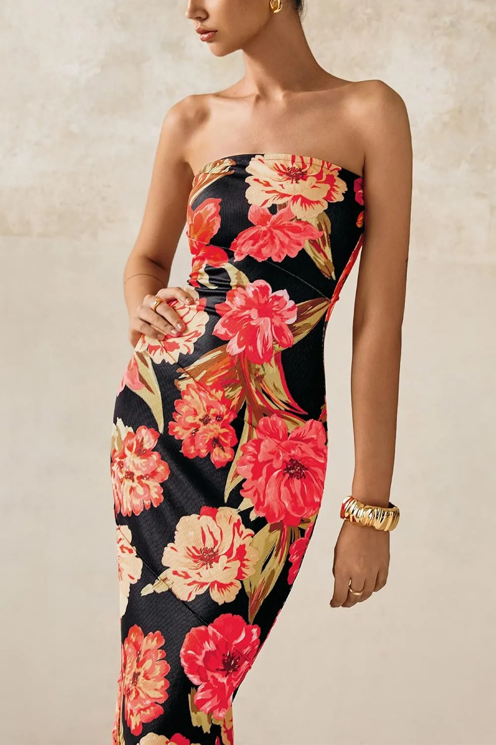 PRETTYGARDEN Women's 2025 Summer Floral Bodycon Maxi Dresses Ribbed Strapless Tube Casual Boho Party Long Dress