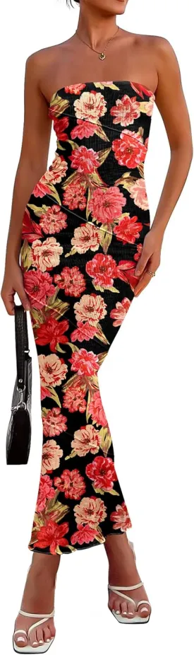 PRETTYGARDEN Women's 2025 Summer Floral Bodycon Maxi Dresses Ribbed Strapless Tube Casual Boho Party Long Dress