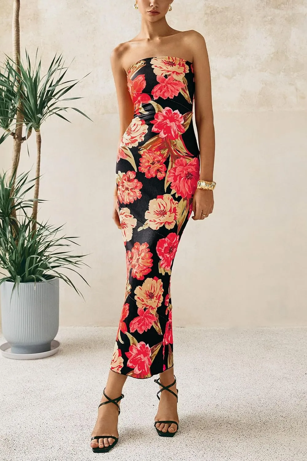 PRETTYGARDEN Women's 2025 Summer Floral Bodycon Maxi Dresses Ribbed Strapless Tube Casual Boho Party Long Dress