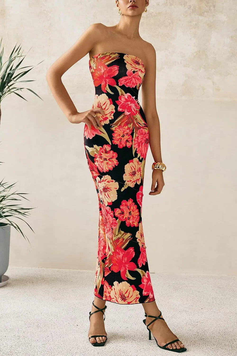 PRETTYGARDEN Women's 2025 Summer Floral Bodycon Maxi Dresses Ribbed Strapless Tube Casual Boho Party Long Dress
