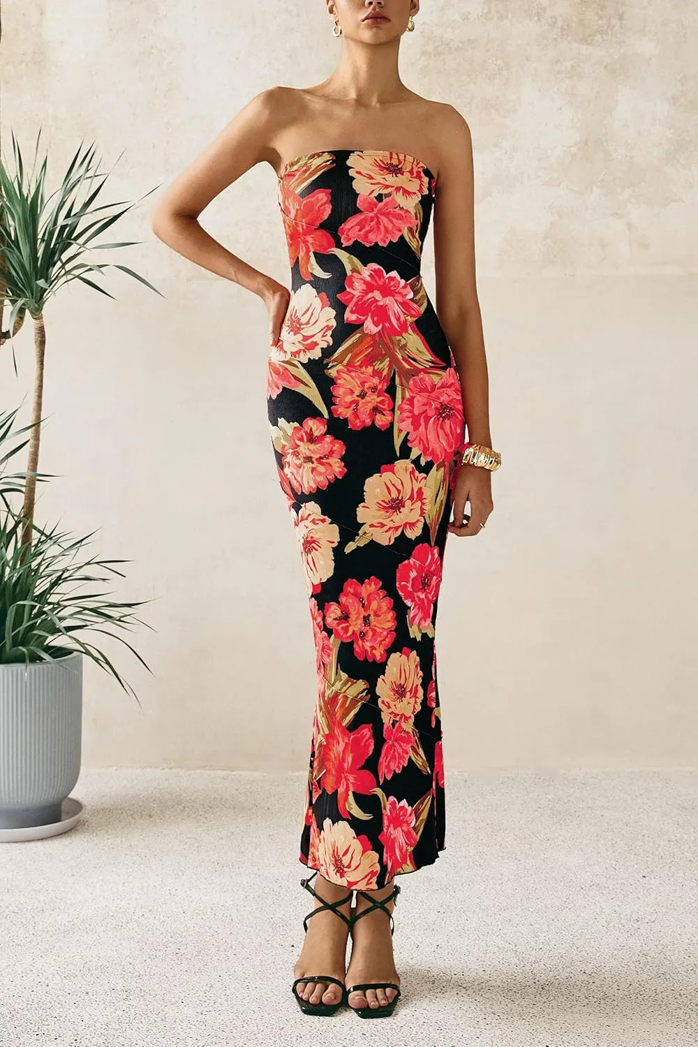 PRETTYGARDEN Women's 2025 Summer Floral Bodycon Maxi Dresses Ribbed Strapless Tube Casual Boho Party Long Dress