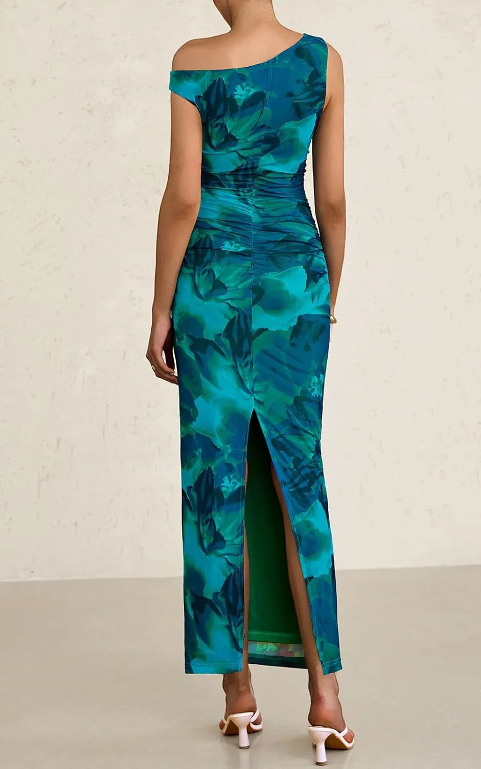 PRETTYGARDEN Women's 2025 Summer Floral One Shoulder Maxi Dress Wedding Guest Ruched Mesh Bodycon Long Cocktail Dresses