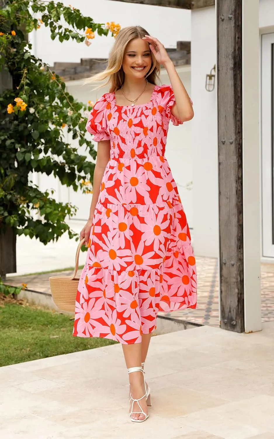 PRETTYGARDEN Women's Boho Floral Print Summer Dresses Square Neck Puff Sleeve A Line Long Dress Smocked Casual Maxi Dress
