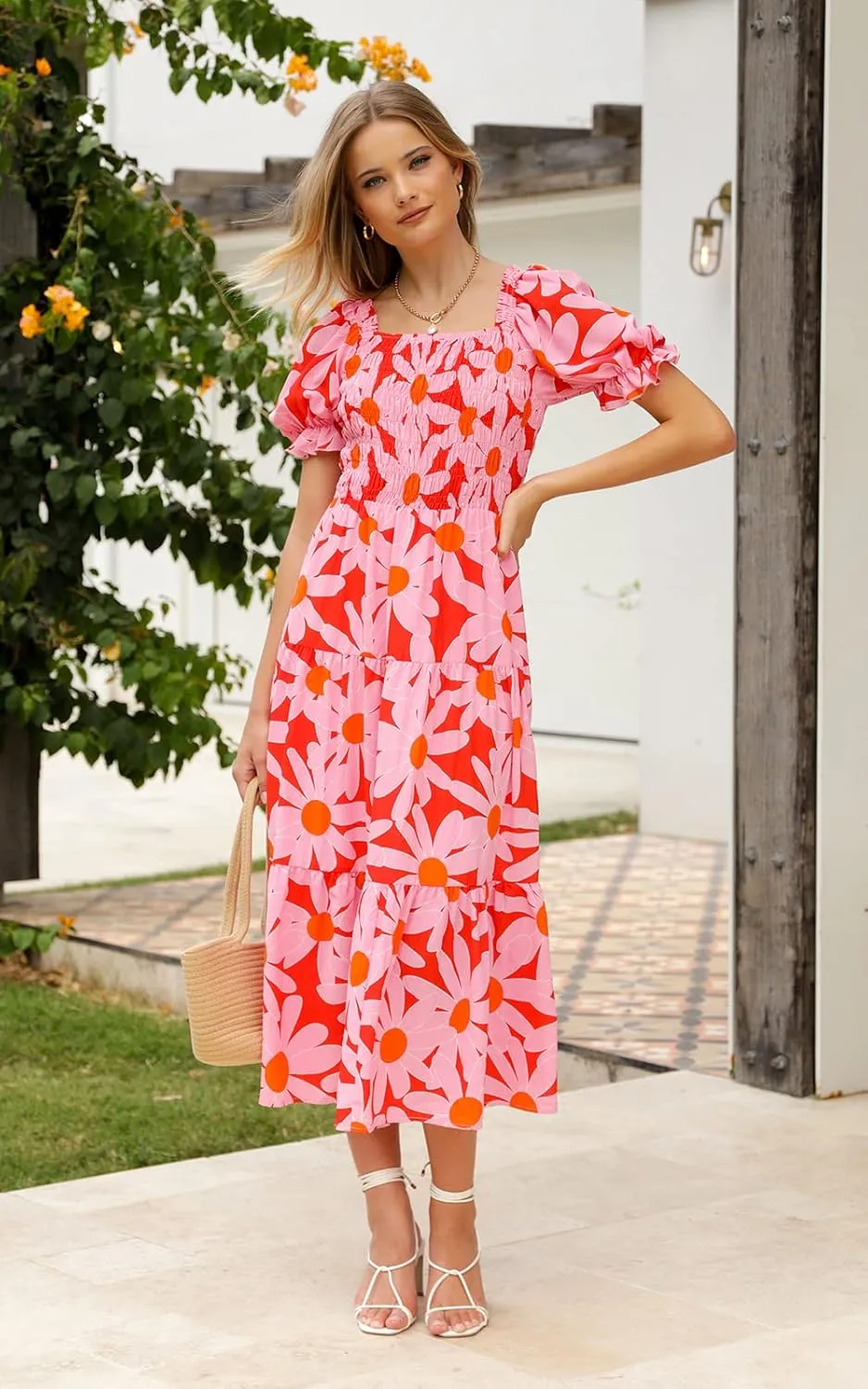 PRETTYGARDEN Women's Boho Floral Print Summer Dresses Square Neck Puff Sleeve A Line Long Dress Smocked Casual Maxi Dress
