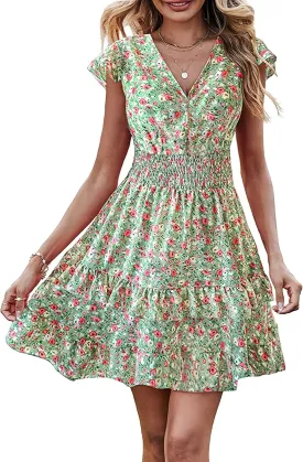 PRETTYGARDEN Womens Summer Mini Dresses Boho Floral Ruffle Cap Sleeve Tiered Dress Smocked Waist A Line Beach Short Sundress