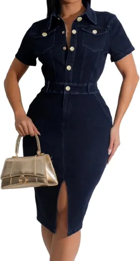 SeNight Women Denim Dresses Elegant Sexy Short Sleeve Jean Party Dress