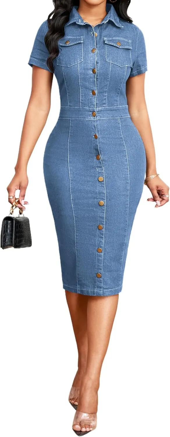 SeNight Women Denim Dresses Elegant Sexy Short Sleeve Jean Party Dress