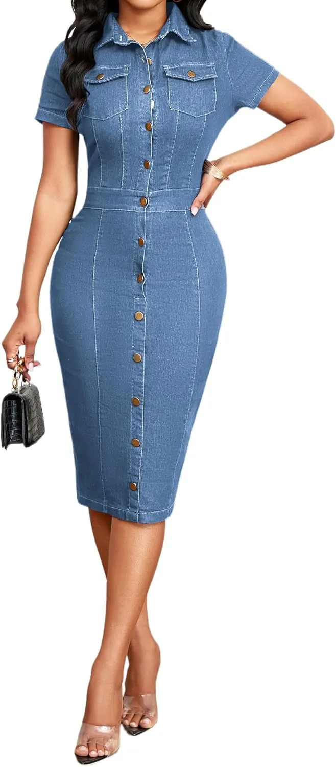 SeNight Women Denim Dresses Elegant Sexy Short Sleeve Jean Party Dress