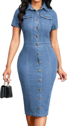 SeNight Women Denim Dresses Elegant Sexy Short Sleeve Jean Party Dress