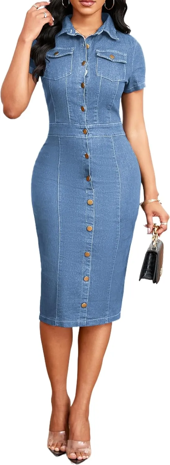 SeNight Women Denim Dresses Elegant Sexy Short Sleeve Jean Party Dress