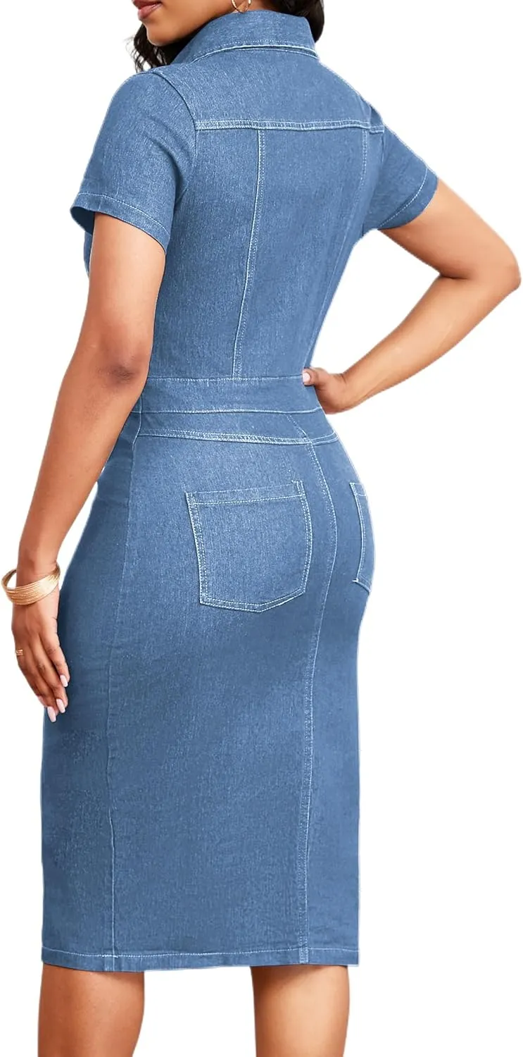 SeNight Women Denim Dresses Elegant Sexy Short Sleeve Jean Party Dress