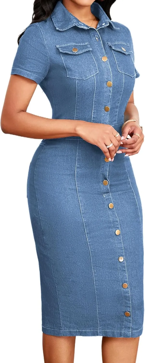 SeNight Women Denim Dresses Elegant Sexy Short Sleeve Jean Party Dress