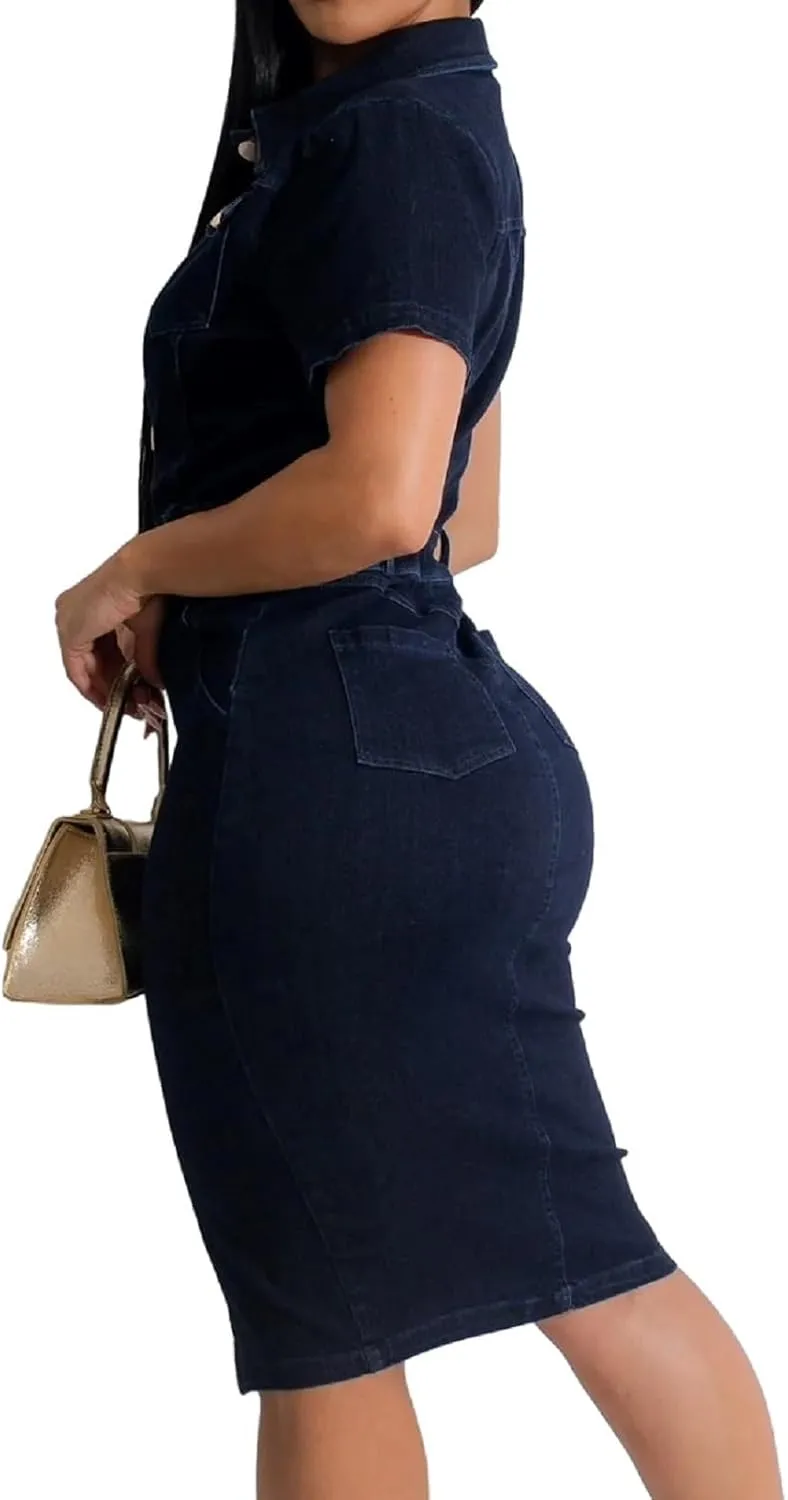 SeNight Women Denim Dresses Elegant Sexy Short Sleeve Jean Party Dress