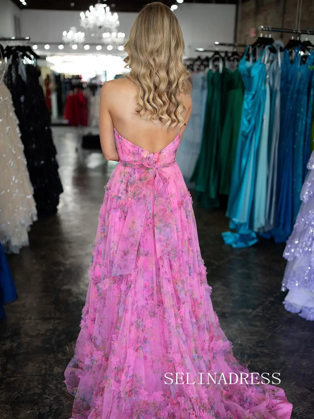 Strapless V neck Hot Pink Floral Long Prom Dress sew0604