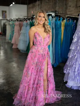 Strapless V neck Hot Pink Floral Long Prom Dress sew0604