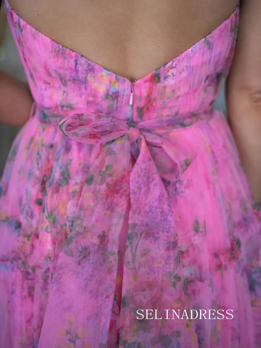 Strapless V neck Hot Pink Floral Long Prom Dress sew0604