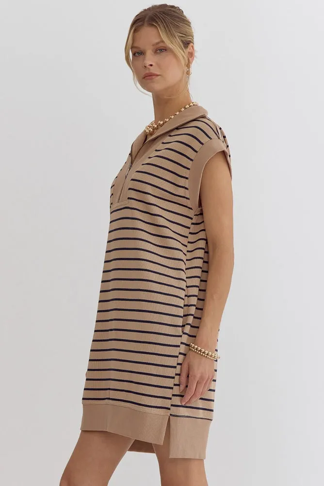 Striped Cap Sleeve Mini Dress in Taupe/Navy by Entro