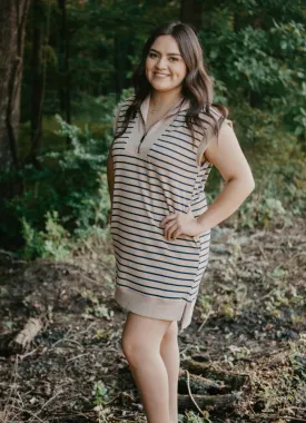 Striped Cap Sleeve Mini Dress in Taupe/Navy by Entro