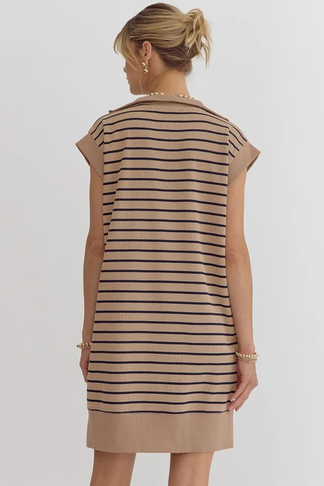 Striped Cap Sleeve Mini Dress in Taupe/Navy by Entro