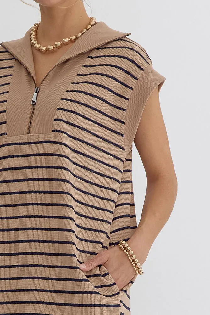 Striped Cap Sleeve Mini Dress in Taupe/Navy by Entro