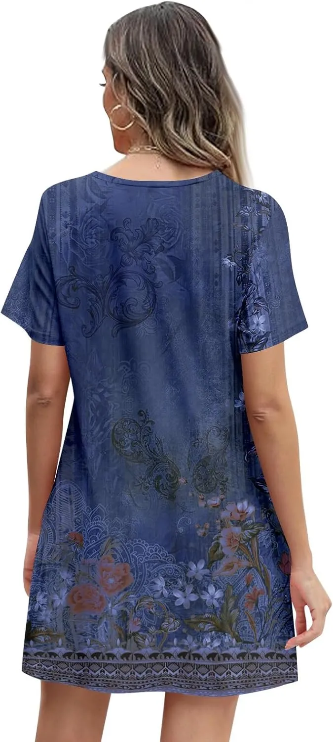 Summer Beach Vacation Clothes Spring Dresses for Women 2025 Short Sleeve Boho Printed Loose T Shirt Dress