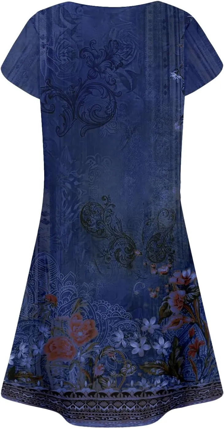 Summer Beach Vacation Clothes Spring Dresses for Women 2025 Short Sleeve Boho Printed Loose T Shirt Dress