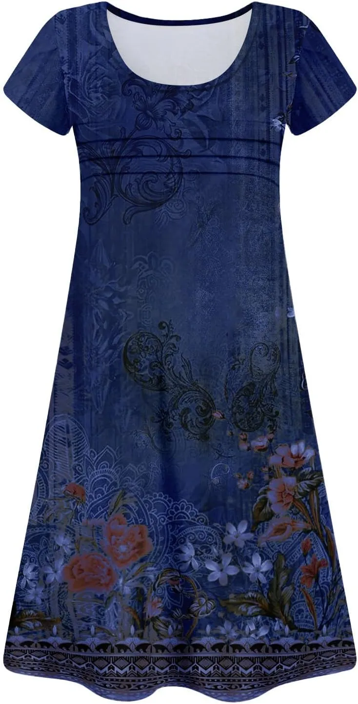 Summer Beach Vacation Clothes Spring Dresses for Women 2025 Short Sleeve Boho Printed Loose T Shirt Dress
