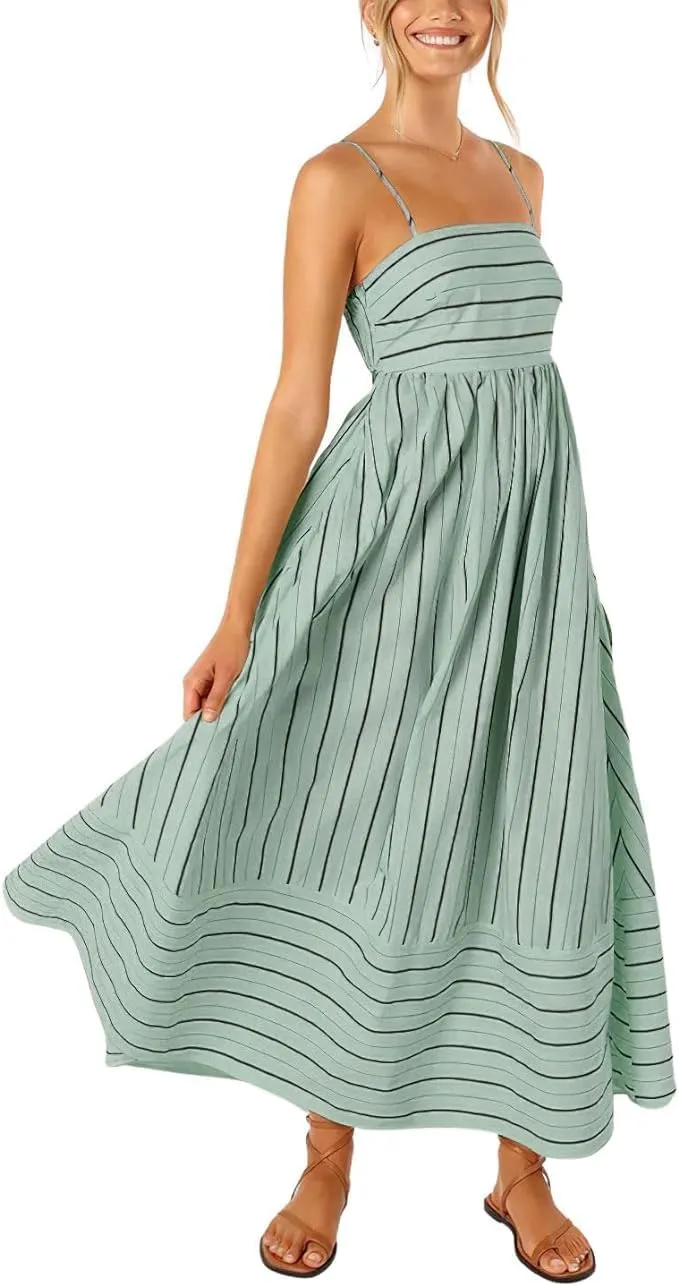 utcoco Womens Summer Striped Back Smocked Maxi Sundresses Spaghetti Strap Cut Out Flowy Swing A Line Long Dress